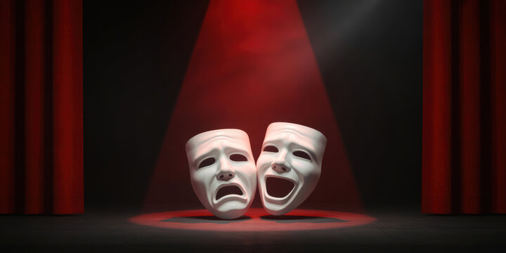 Theater masks comedy and tragedy on stage under a spotlight