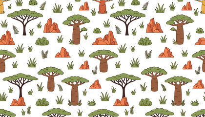 Obraz premium African savanna seamless pattern vector illustration featuring flat baobab trees acacia canopy desert rocks and green grass bushes backdrop