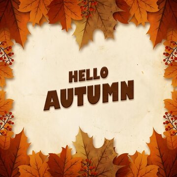 Hello Autumn Bold Typography Over Vintage Paper Background With Orange Leaves Frame