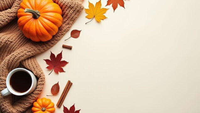 Cozy autumn flat lay with pumpkins, warm knitted blankets, coffee, maple leaves and cinnamon on a light background. Seasonal fall composition with copy space for text, banners and designs