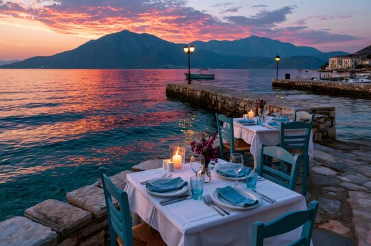 Seaside restaurant tables set for romantic dinner at sunset