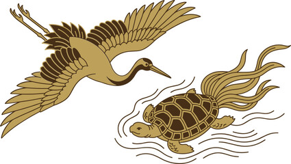 Obraz premium Traditional Japanese illustration of a graceful crane in flight over a swimming turtle in wavy water.