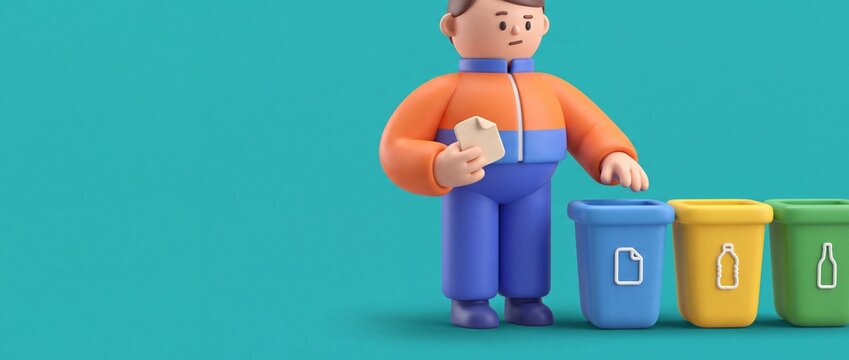 3D illustration of a cartoon person sorting paper waste into colored recycling bins, turquoise background