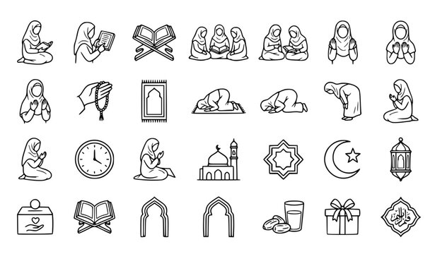 Women Tadarus Islamic Worship Icon Set &ndash; Muslim Women Reading Quran Hand Drawn Vector Illustration
