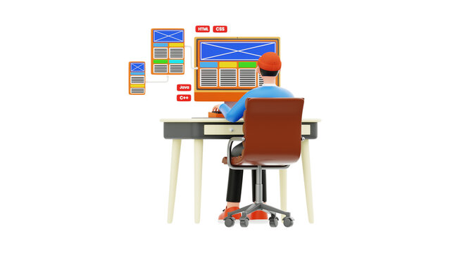 3D illustration of a professional web developer working on a responsive website design project at a desk office setting 86