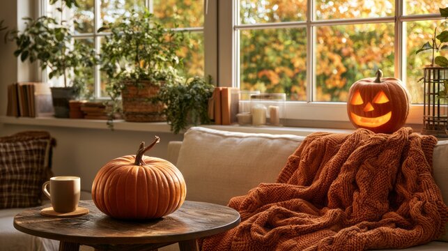 Cozy living room interior with carved jack-o-lantern and pumpkin on wooden table, autumn decorations, warm seasonal atmosphere, festive halloween home decor, and soft natural light through window