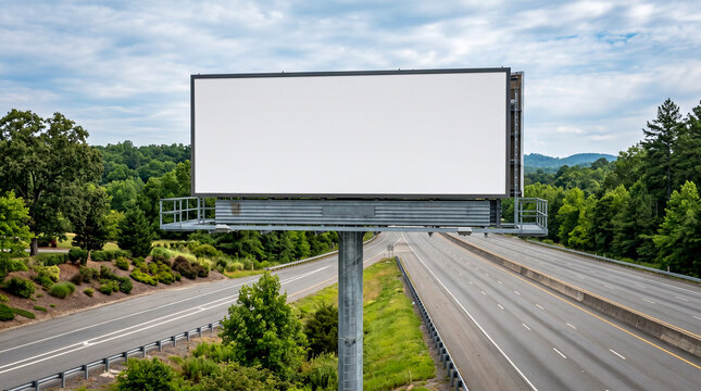 Mockup hiperrealista de un gran cartel publicitario de carretera completamente en blanco, preparado para insertar cualquier dise&ntilde;o o imagen publicitaria.