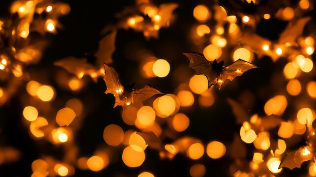 Defocused golden bokeh lights in bat shapes for halloween background, spooky autumn holiday celebration, glowing festive night atmosphere with sparkling light effects and copy space