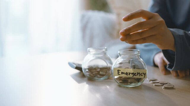 Visible activity presents emergency, fund, and savings in a practical sequence. emergency supports jar and deposit, while fund remains central to the action Objects remain visible.