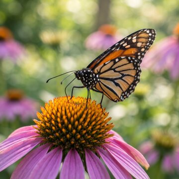  Monarch butterfly feeding on nectar from a bright purple coneflower in a sunny garden   