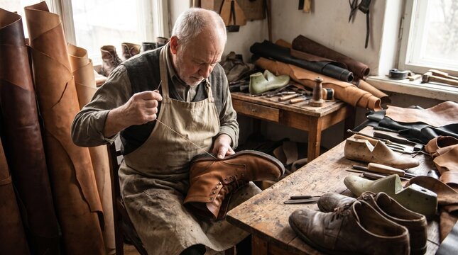  Elderly shoemaker sitting in his rustic workshop and hand-stitching a brown leather boot   