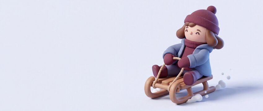 3D rendering of a cute little child in winter clothes riding a wooden sled on snow