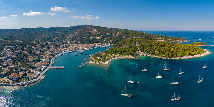 Aerial view of Gaios harbour and town, Paxos, Ionian Islands, Greece