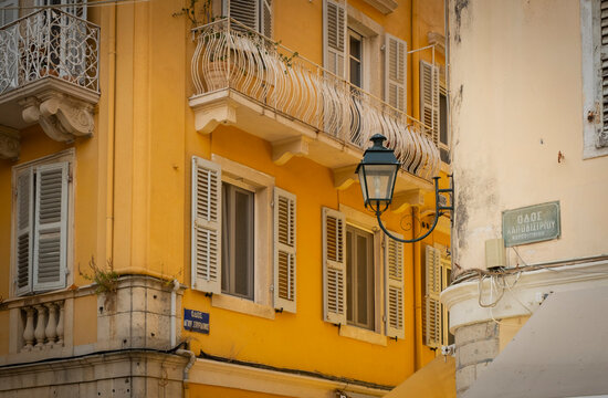 Colourful building facade with balconies and shutters, Corfu Town, Corfu, Greece