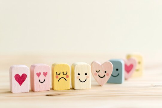 Wooden blocks displaying various feelings and emotions on wood background