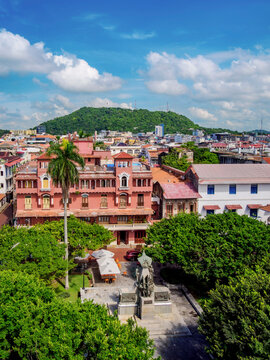 View over Plaza Simon Bolivar towards Ancon Hill, Old Quarter, Panama City, Panama Province, Panama