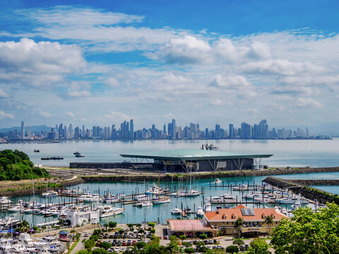 Marina Flamenco, elevated view with skyline of Panama City in the background, Panama Province, Panama
