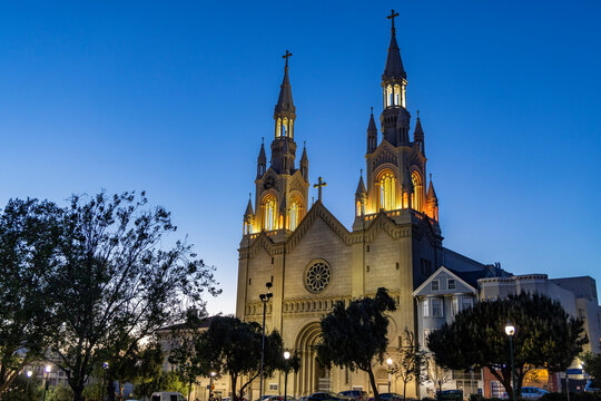 Saint Peter and Paul Church in Washington Square at dusk in San Francisco, California, USA.