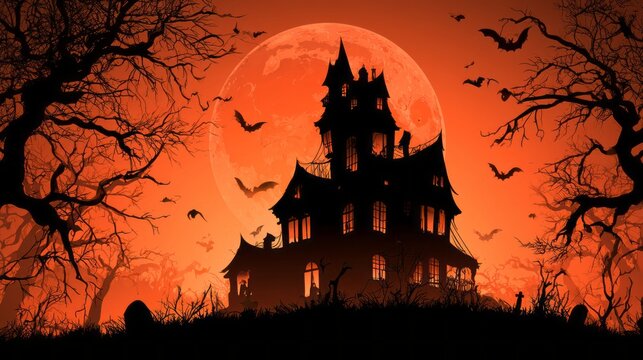 haunted halloween house background with flying bats, eerie dark mansion, mysterious supernatural atmosphere, glowing windows, shadowy surroundings, spooky night scene, horror themed autumn setting, an