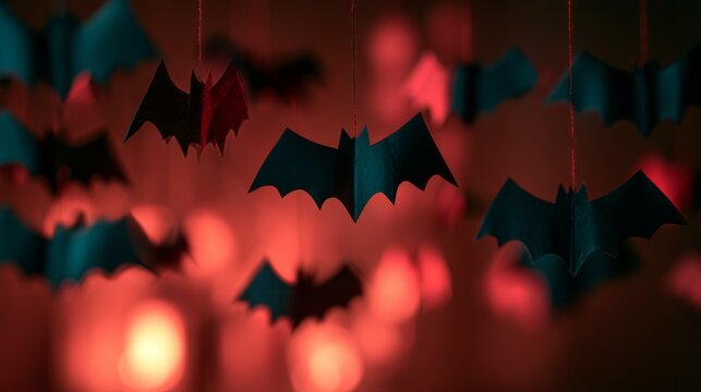 Halloween decoration with paper bats and blurred spooky background