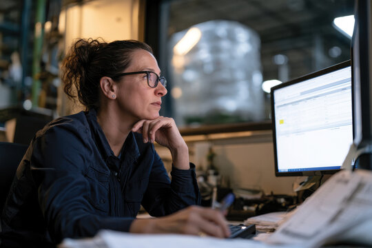 A thoughtful woman sits at her desk, intently analyzing data displayed on her computer screen, representing critical thinking and attention to detail in data handling.