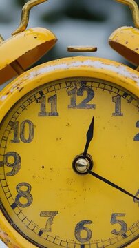 A yellow alarm clock sitting on a table, ready to sound its alarm