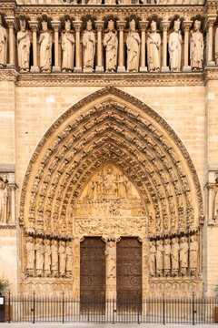 Detail of the central portal facade of Notre-Dame Cathedral, Paris, France