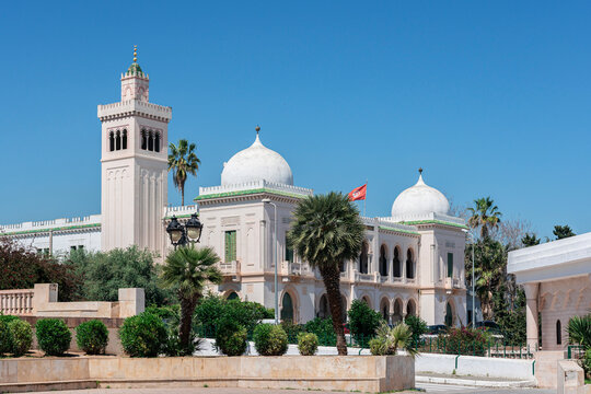 Minaret and domes of Sadiki College, a historic school building in Tunis, Tunisia