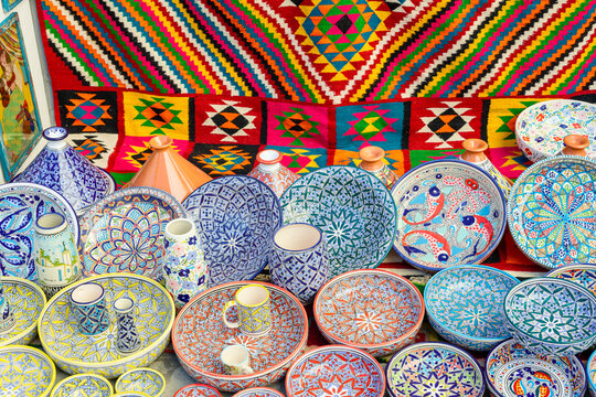 Colourful Tunisian pottery and carpets, Sidi Bou Said, Tunisia