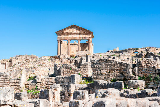 The Roman Capitol Temple among the ruins of Dougga, Beja Governorate, Tunisia