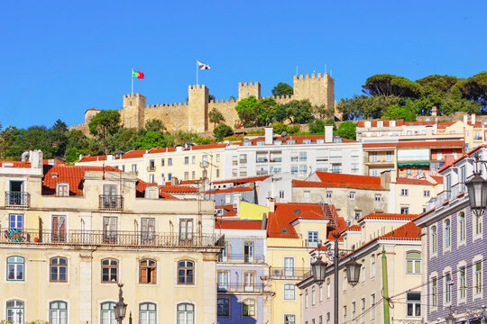 Sao Jorge castle and Alfama district, low angle view, Lisbon, Portugal