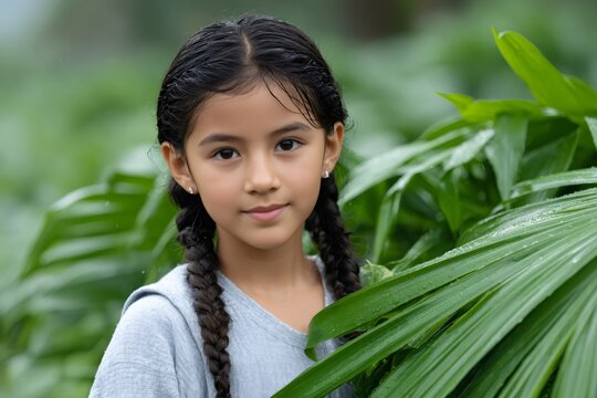 Young girl smiling surrounded by green leaves in nature