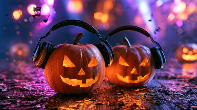 Halloween disco music concept with glowing pumpkins wearing headphones in a vibrant nightclub atmosphere, colorful confetti, festive party decorations, sparkling lights, and defocused abstract bokeh b