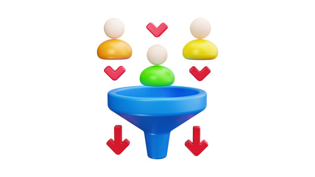 A 3D digital illustration conceptualizing sales funnel marketing strategy with people icons and directional arrows for business growth 48