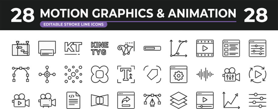 Set of motion graphics with linear icons on transparent background Editable Stroke.