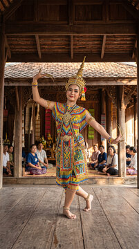 Thai female dancer performing traditional Nora dance in wooden house