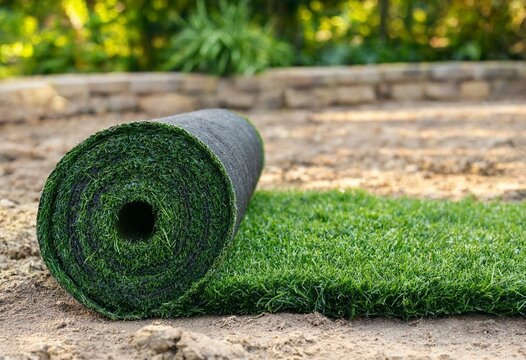 Fresh green grass turf being unrolled over soil during lawn installation, creating an instant lawn for residential landscaping, garden renovation, and outdoor improvement.