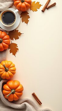 Cozy autumn flat lay with pumpkins, warm knitted blankets, coffee, maple leaves and cinnamon on a light background. Seasonal fall composition with copy space for text, banners and designs