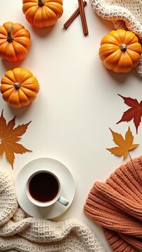 Cozy autumn flat lay with pumpkins, warm knitted blankets, coffee, maple leaves and cinnamon on a light background. Seasonal fall composition with copy space for text, banners and designs