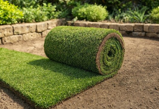 Fresh green grass turf being unrolled over soil during lawn installation, creating an instant lawn for residential landscaping, garden renovation, and outdoor improvement.