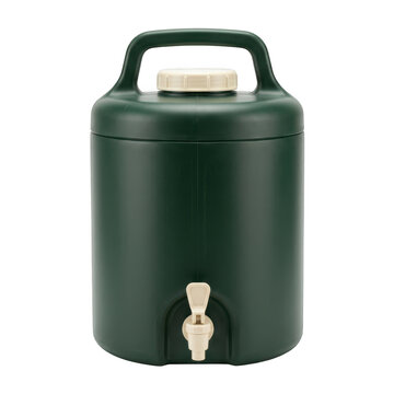 Green plastic water dispenser container with a tap and handle isolated on transparent background