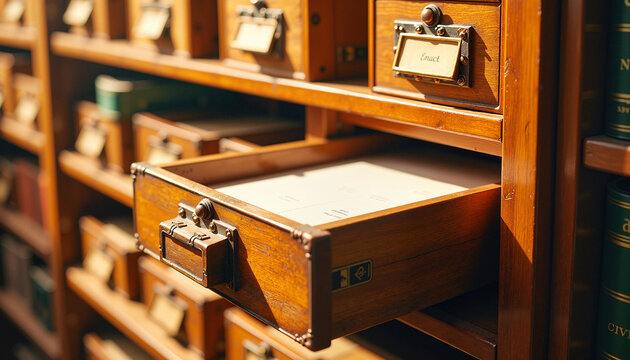 wooden drawer opened in a vintage card catalog surrounded by closed drawers with books, concept organization and knowledge management