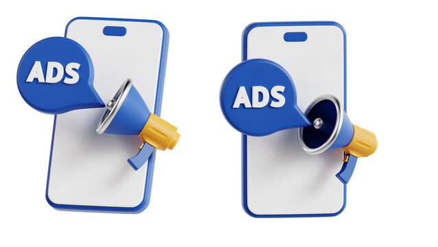Digital Marketing Concept Featuring 3D Mobile Phone with Megaphone and Ads Speech Bubble Alert for Promotional Online Advertising Campaigns 71