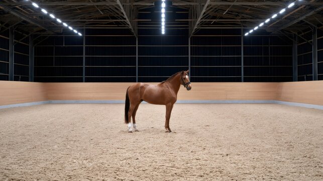 Chestnut horse standing calmly in indoor equestrian arena