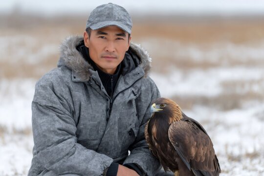Hunter in winter clothes kneeling with a golden eagle