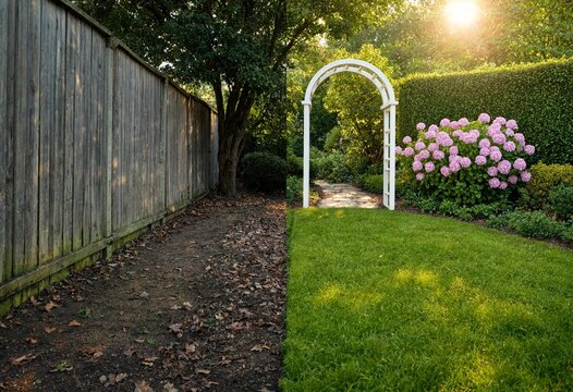 Split view illustrates a dramatic garden transformation, contrasting a messy yard before landscaping with a lush green lawn, flower beds, pathway, and archway afterward.