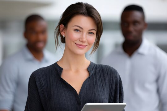 Confident businesswoman smiling with tablet and diverse team
