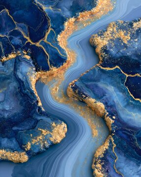 Abstract flowing blue liquid with gold texture