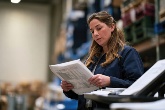 A woman carefully examines paperwork in a warehouse, symbolizing diligence and precision in logistics and inventory management, essential for efficient operational flow.