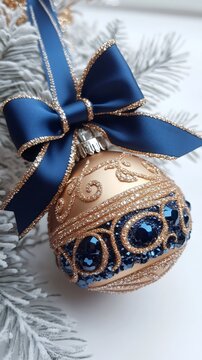 Gold and blue christmas ornament hanging on a tree